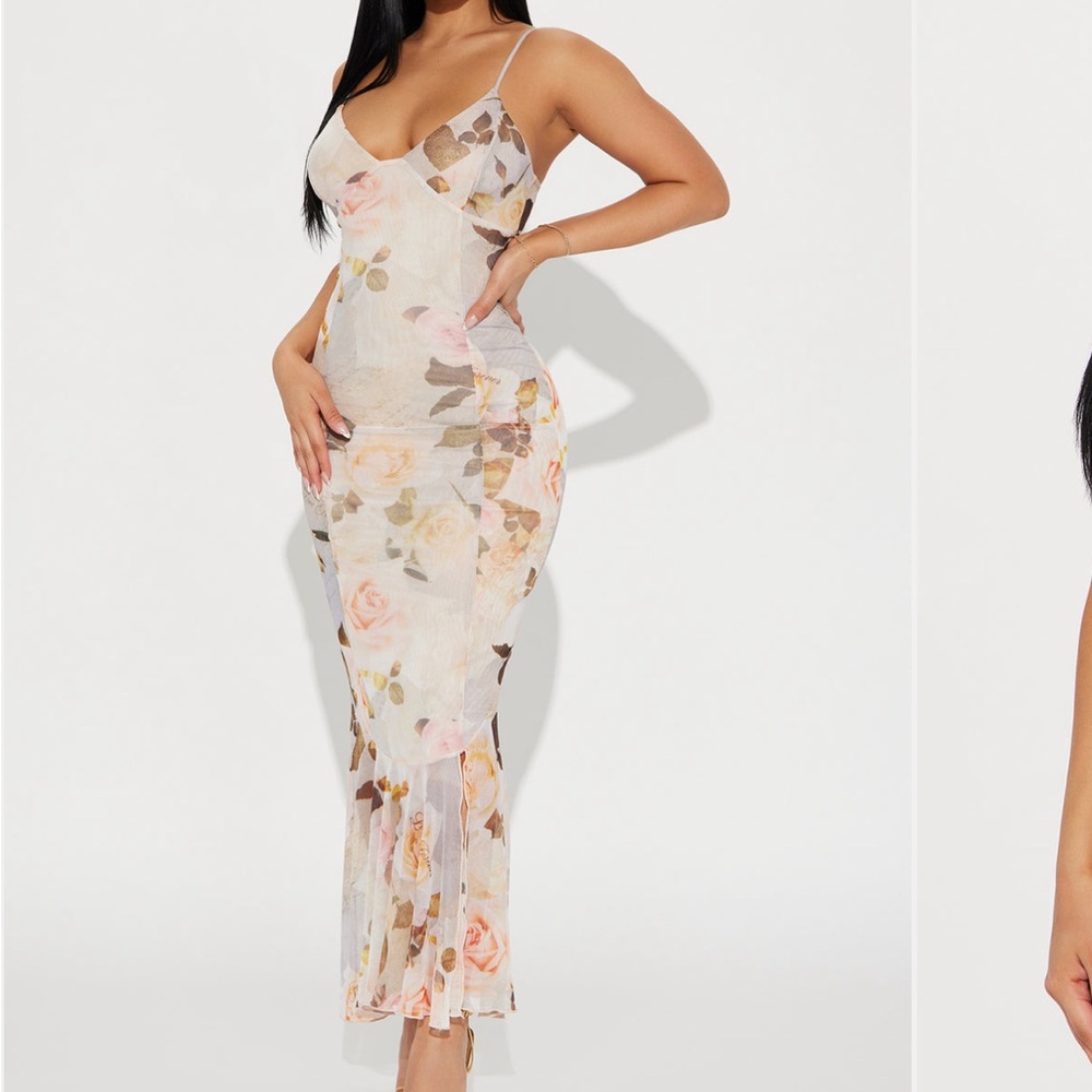 Fashion Nova Sheer Floral Maxi Slip Dress in Pink and Cream